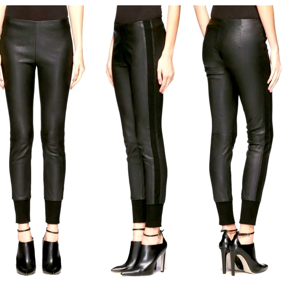 SZ XS VINCE BLACK KNIT CUFF LAMBSKIN LEATHER STRETCH LEGGINGS PANTS- msrp $1175